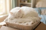 毛布の上でくるんと丸まって眠る白い長毛猫