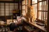 窓辺のカウンターの上に座って見下ろす茶トラ猫