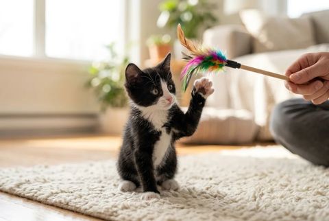 ねこじゃらしに前足を伸ばすはちわれの子猫