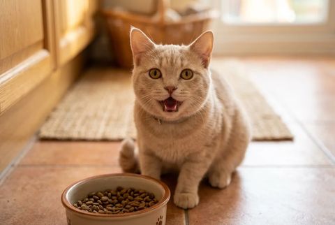 ごはん皿の前で口を開けてこちらを見る茶トラ猫