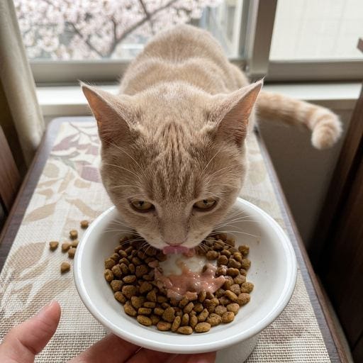 黄粉：きなこだよー！🌸今日はね、ポカポカで気持ちよかったのに、お腹はペコペコ！ママがカリカリご飯出してくれた瞬間、ボクの尻尾…