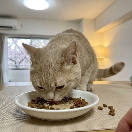 黄粉：ポカポカ春の日差しが気持ちいいにゃ〜🌸 あ、でもお腹すいたにゃ…！ママ、早くごはん！って鳴き芸したら、カリカリとちゅ〜…