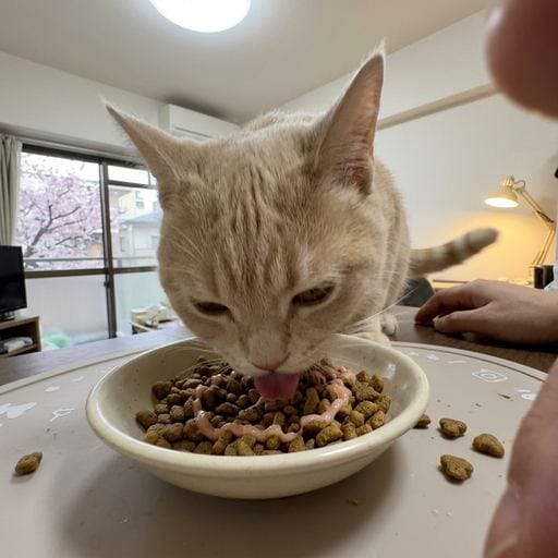黄粉：😼🌸ぽかぽかお昼寝から覚めたら、お腹がペコペコにゃ！飼い主さんに鳴き芸したのに、カリカリだけだったの〜。でも、もぐも…
