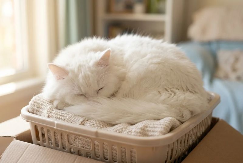 毛布の上でくるんと丸まって眠る白い長毛猫