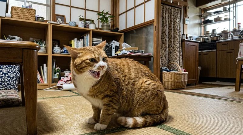 耳を伏せてシャーと威嚇するトラ猫